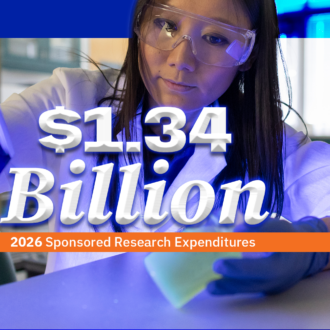 A scientist wearing a lab coat and safety goggles examines a sample under ultraviolet light. The image highlights a $1.34 billion figure, representing 2026 sponsored research expenditures for UF Research.