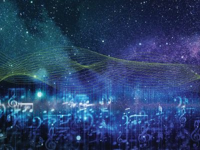 Collage of a starry sky with musical notes and thin, green wavy lines and musical notes overlaid on the background.