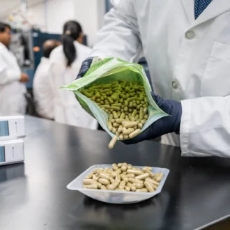 Lab technician in white coat and gloves pours green capsules into a tray in a pharmaceutical laboratory, with researchers blurred behind.