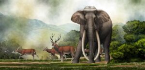 An illustration of a fully-grown male Palaeoloxodon turkmenicus wandering the Kashmir Valley, 400,000 years ago, towering over a herd of Central Asian red deer.